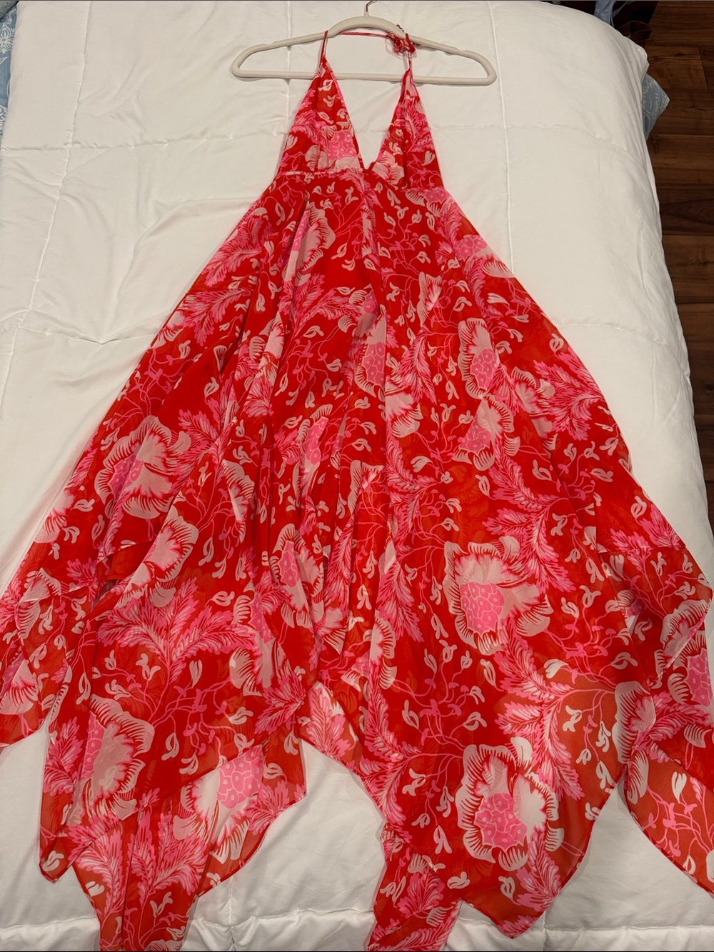 Juicy Couture Red and Pink Floral Halter Dress with handkerchief hem size 2